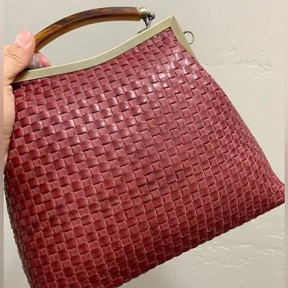 Handmade Genuine Woven Leather Double Kisslock Top Handle Bag & 2 Straps Style
